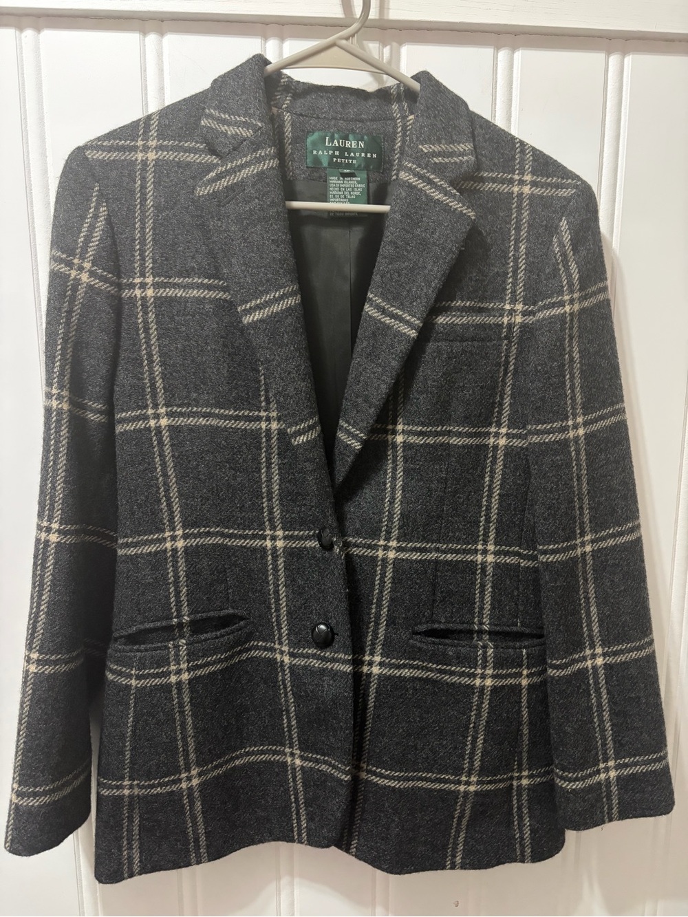 Vintage Lauren Ralph Lauren Petite 4P 100% Wool Windowpane Plaid Blazer Gray